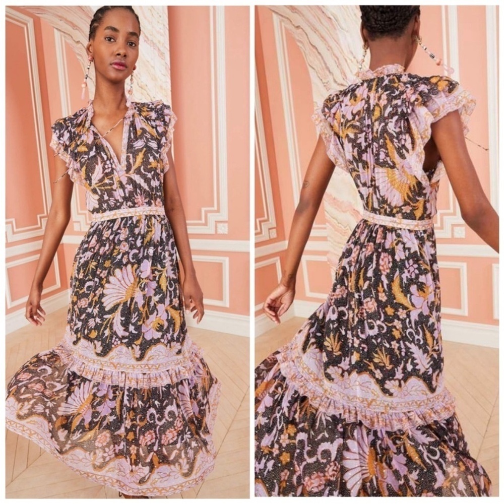 Ulla Johnson RARE Celestia‎ Ruffled Printed Midi Dress Midnight Size 0 Metallic - Picture 3 of 17